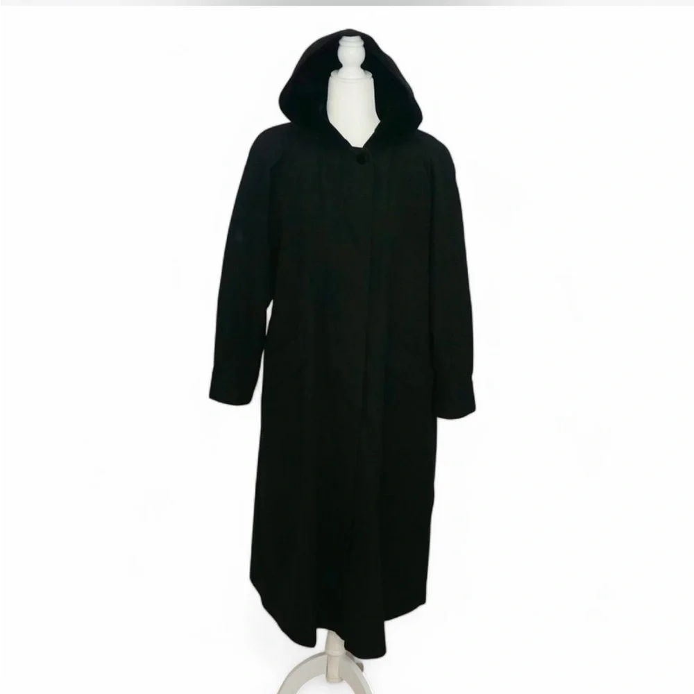 💜 VINTAGE GALLERY Petite Long Black Hooded Lined Coat (8)